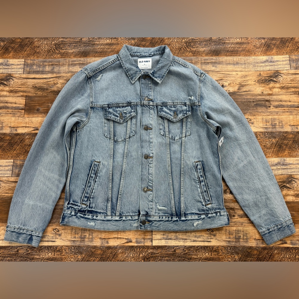 Old Navy Men's Faded Blue Denim Trucker Jacket, Intentional Distressing, Size XL